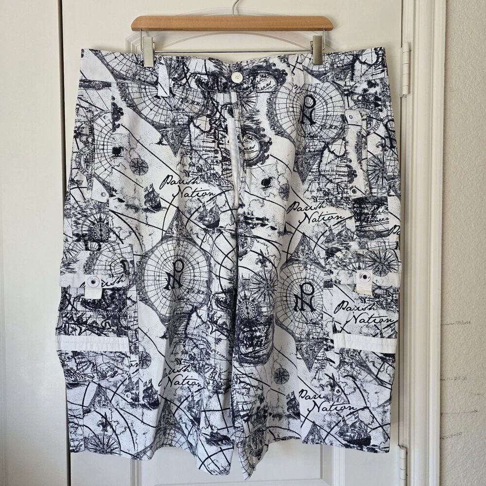 Parish Nation Cargo Shorts Men’s 40 White Black Map Print Y2K Hip Hop Streetwear